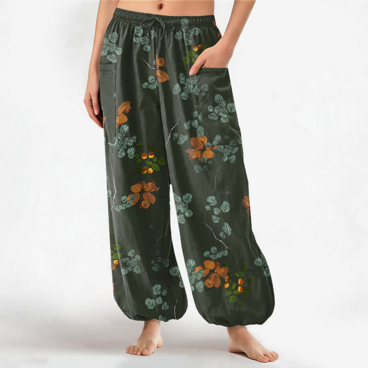 Buddha Stones Cotton Bohemian Botanical Floral Pattern Women's Elastic Waist Harem Pants With Side Pockets - DarkOliveGreen - US16，UK/AU20，EU48 (3XL) - image 7