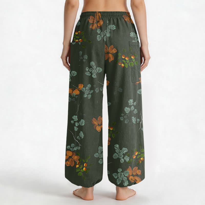 Buddha Stones Cotton Bohemian Botanical Floral Pattern Women's Elastic Waist Harem Pants With Side Pockets - image 9