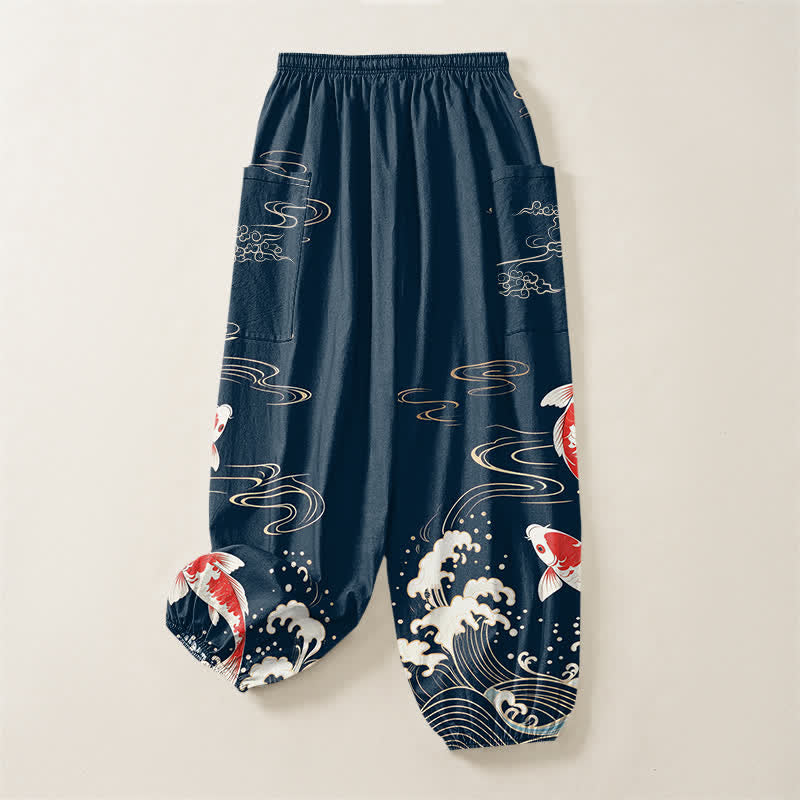 Buddha Stones Cotton Ocean Wave Koi Pattern Women's Elastic Waist Harem Pants With Side Pockets - image 4