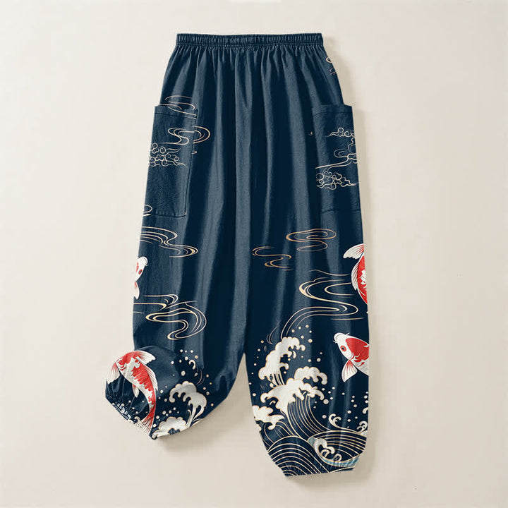 Buddha Stones Cotton Ocean Wave Koi Pattern Women's Elastic Waist Harem Pants With Side Pockets - image 4