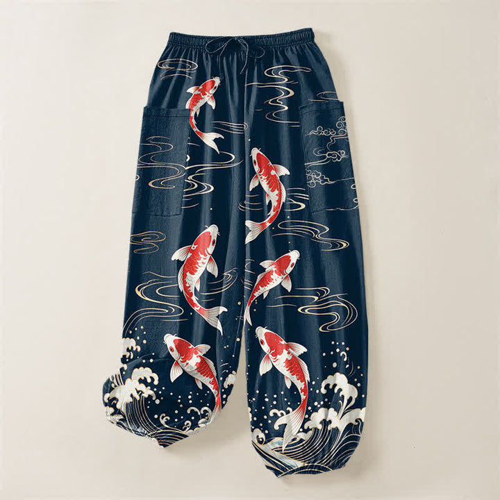 Buddha Stones Cotton Ocean Wave Koi Pattern Women's Elastic Waist Harem Pants With Side Pockets - image 3