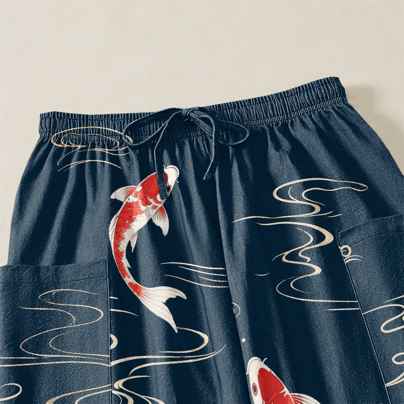 Buddha Stones Cotton Ocean Wave Koi Pattern Women's Elastic Waist Harem Pants With Side Pockets - image 5