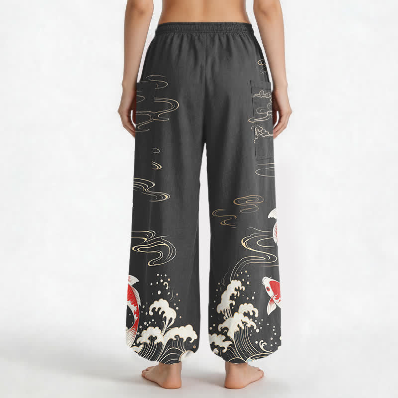 Buddha Stones Cotton Ocean Wave Koi Pattern Women's Elastic Waist Harem Pants With Side Pockets - image 9