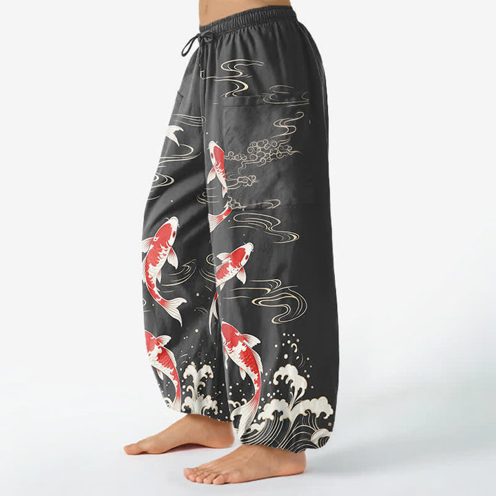Buddha Stones Cotton Ocean Wave Koi Pattern Women's Elastic Waist Harem Pants With Side Pockets - image 8