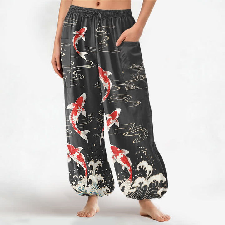 Buddha Stones Cotton Ocean Wave Koi Pattern Women's Elastic Waist Harem Pants With Side Pockets - DimGray - US16，UK/AU20，EU48 (3XL) - image 7