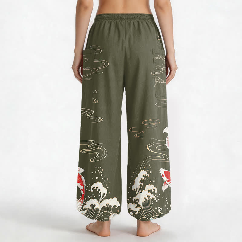 Buddha Stones Cotton Ocean Wave Koi Pattern Women's Elastic Waist Harem Pants With Side Pockets - image 12