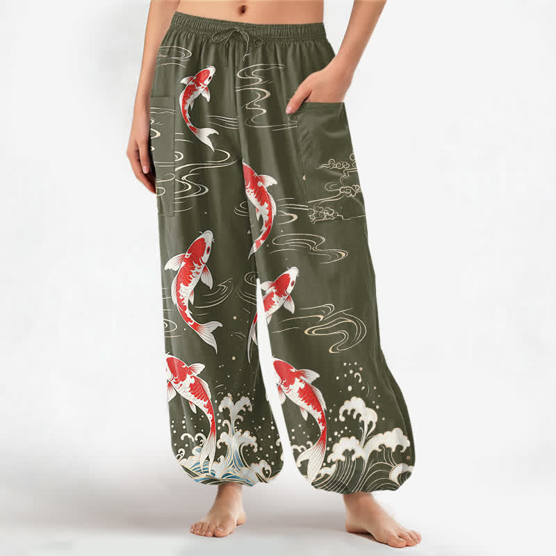 Buddha Stones Cotton Ocean Wave Koi Pattern Women's Elastic Waist Harem Pants With Side Pockets - OliveDrab - US16，UK/AU20，EU48 (3XL) - image 10