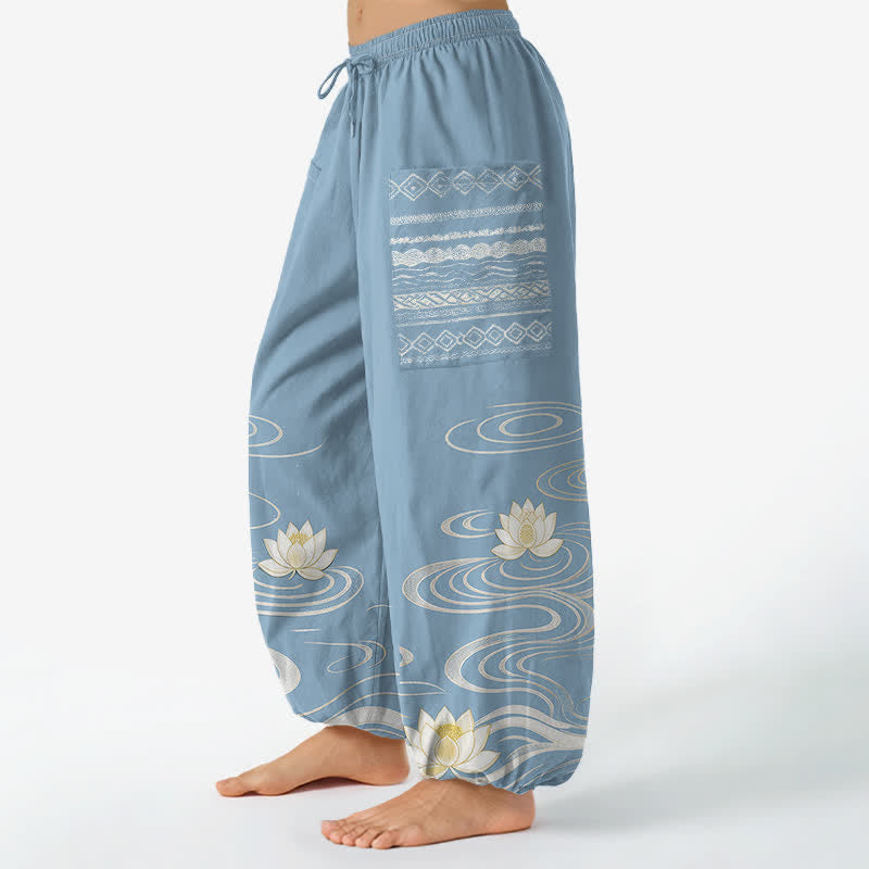 Buddha Stones Cotton Lotus Ripple Pattern Women's Elastic Waist Harem Pants With Side Pockets - image 1