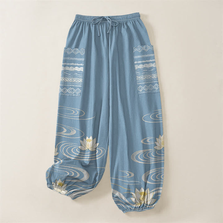 Buddha Stones Cotton Lotus Ripple Pattern Women's Elastic Waist Harem Pants With Side Pockets - image 3