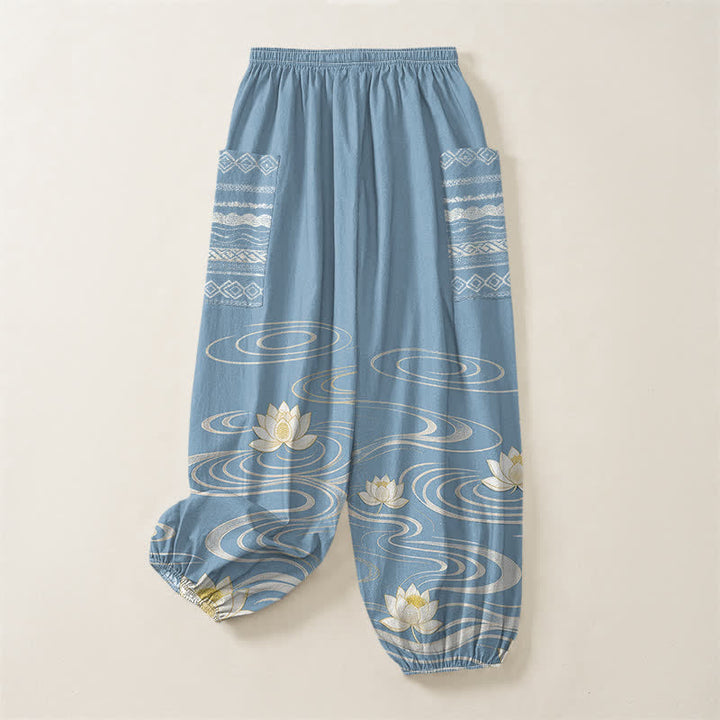 Buddha Stones Cotton Lotus Ripple Pattern Women's Elastic Waist Harem Pants With Side Pockets - image 4
