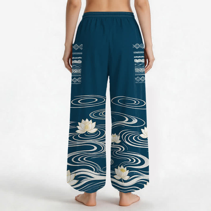 Buddha Stones Cotton Lotus Ripple Pattern Women's Elastic Waist Harem Pants With Side Pockets - image 12