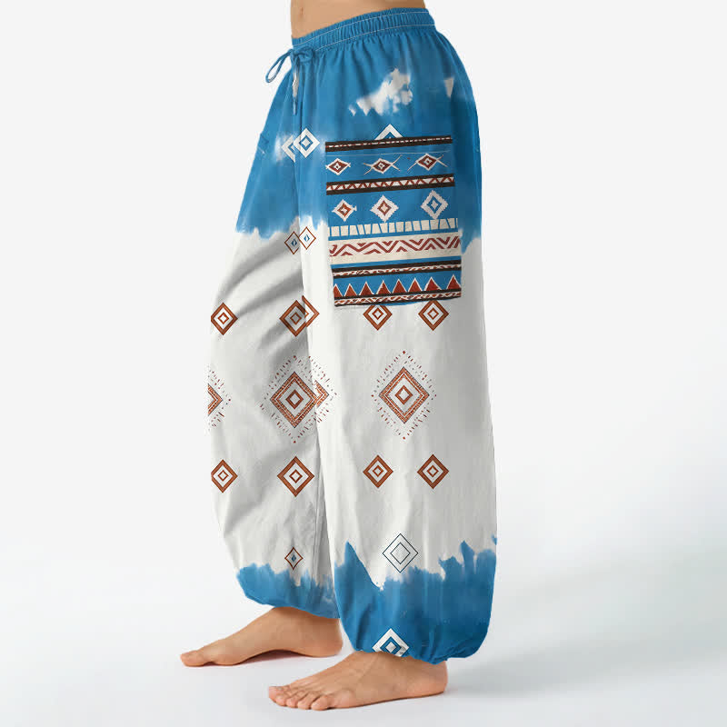 Buddha Stones Cotton Bohemian Geometric Diamond Pattern Women's Elastic Waist Harem Pants With Side Pockets - image 1