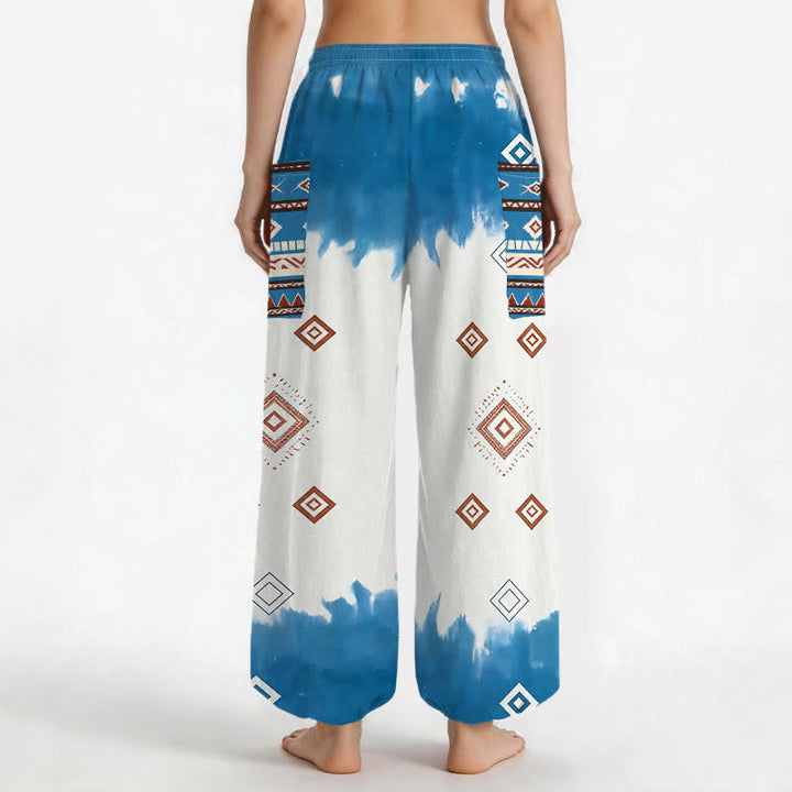 Buddha Stones Cotton Bohemian Geometric Diamond Pattern Women's Elastic Waist Harem Pants With Side Pockets - image 2