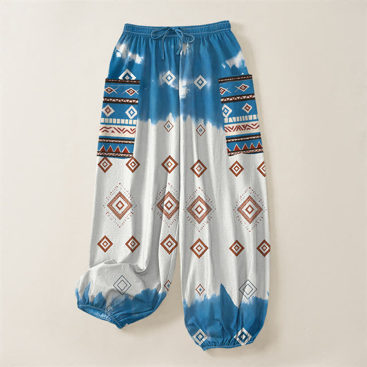 Buddha Stones Cotton Bohemian Geometric Diamond Pattern Women's Elastic Waist Harem Pants With Side Pockets - image 3