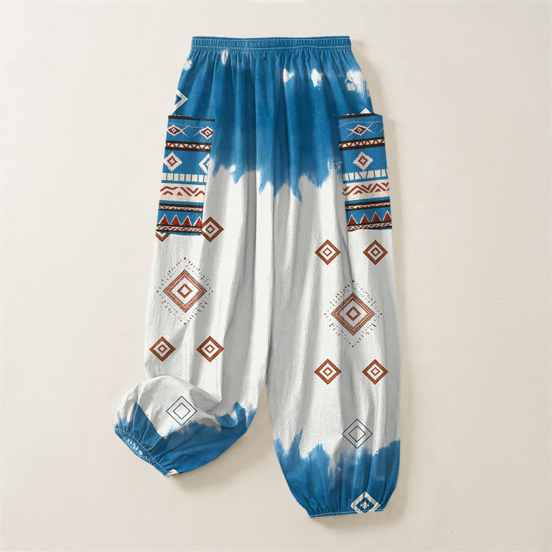 Buddha Stones Cotton Bohemian Geometric Diamond Pattern Women's Elastic Waist Harem Pants With Side Pockets - image 4