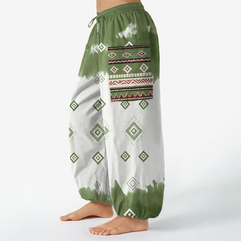 Buddha Stones Cotton Bohemian Geometric Diamond Pattern Women's Elastic Waist Harem Pants With Side Pockets - image 8