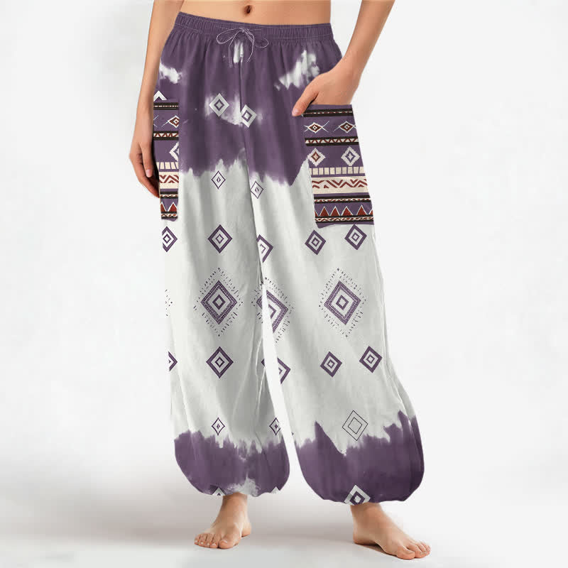 Buddha Stones Cotton Bohemian Geometric Diamond Pattern Women's Elastic Waist Harem Pants With Side Pockets - DarkOrchid - US16，UK/AU20，EU48 (3XL) - image 10