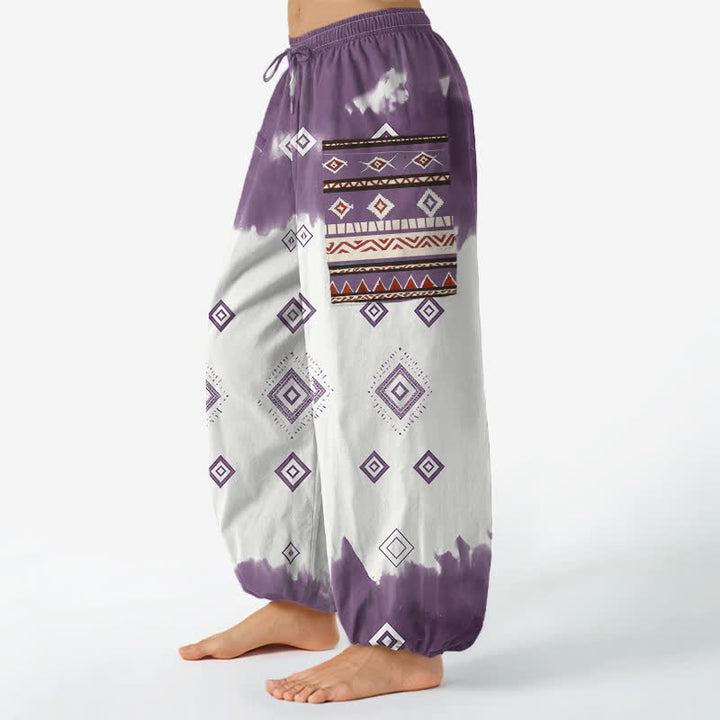Buddha Stones Cotton Bohemian Geometric Diamond Pattern Women's Elastic Waist Harem Pants With Side Pockets - image 11
