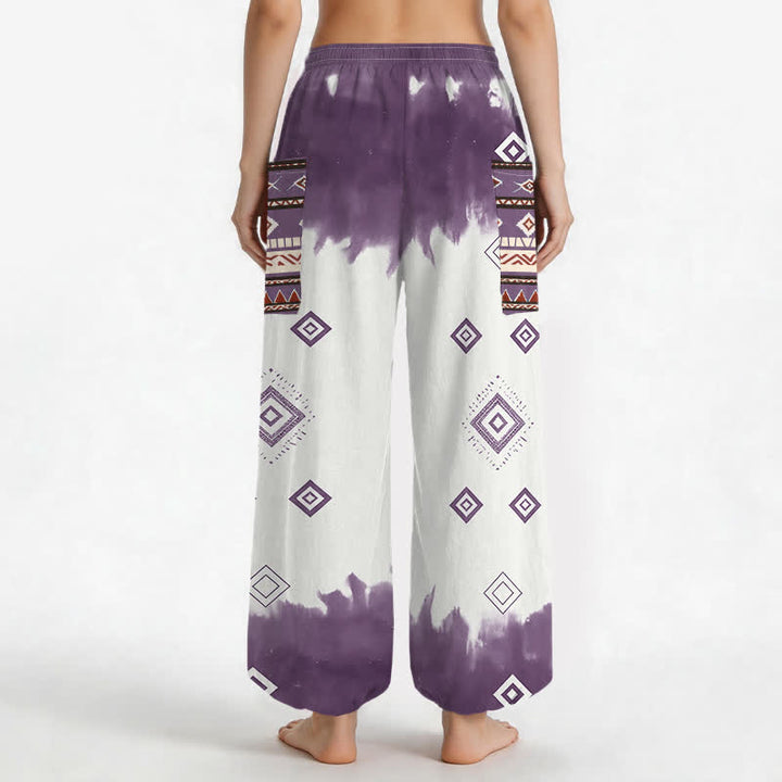 Buddha Stones Cotton Bohemian Geometric Diamond Pattern Women's Elastic Waist Harem Pants With Side Pockets - image 12