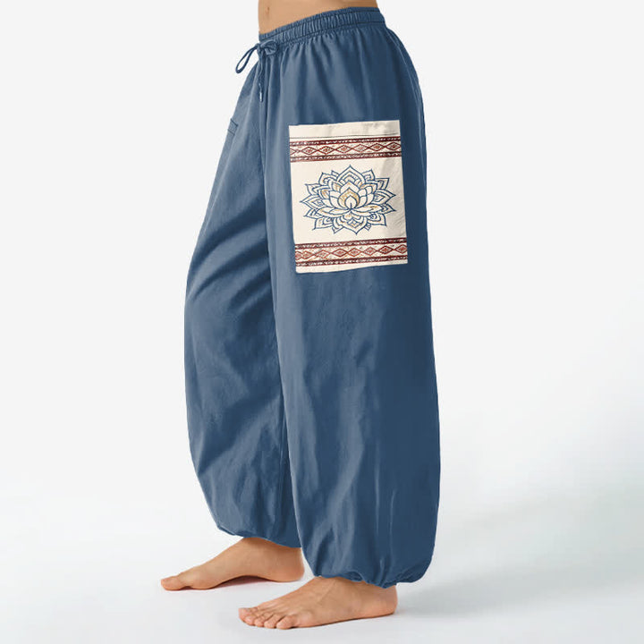 Buddha Stones Cotton Bohemian Lotus Mandala Pattern Women's Elastic Waist Harem Pants With Side Pockets - image 1