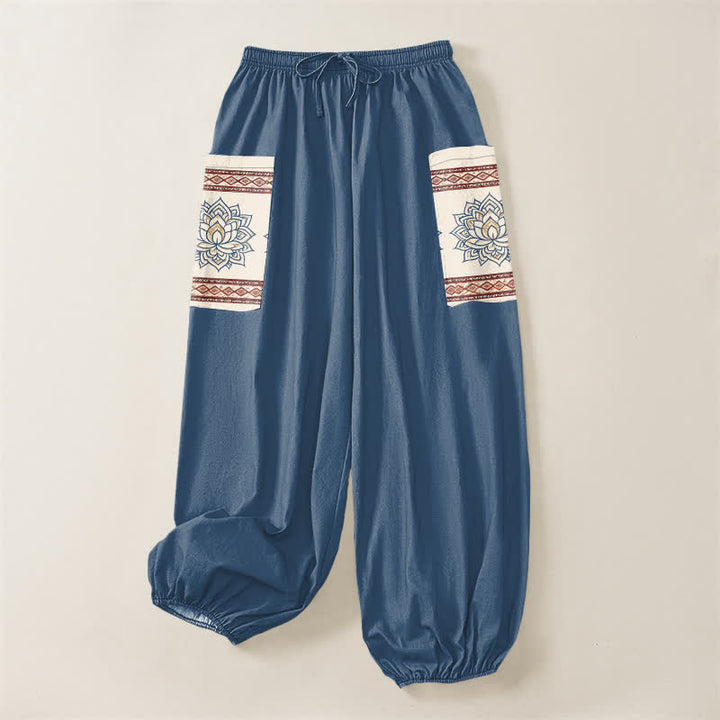 Buddha Stones Cotton Bohemian Lotus Mandala Pattern Women's Elastic Waist Harem Pants With Side Pockets - image 3