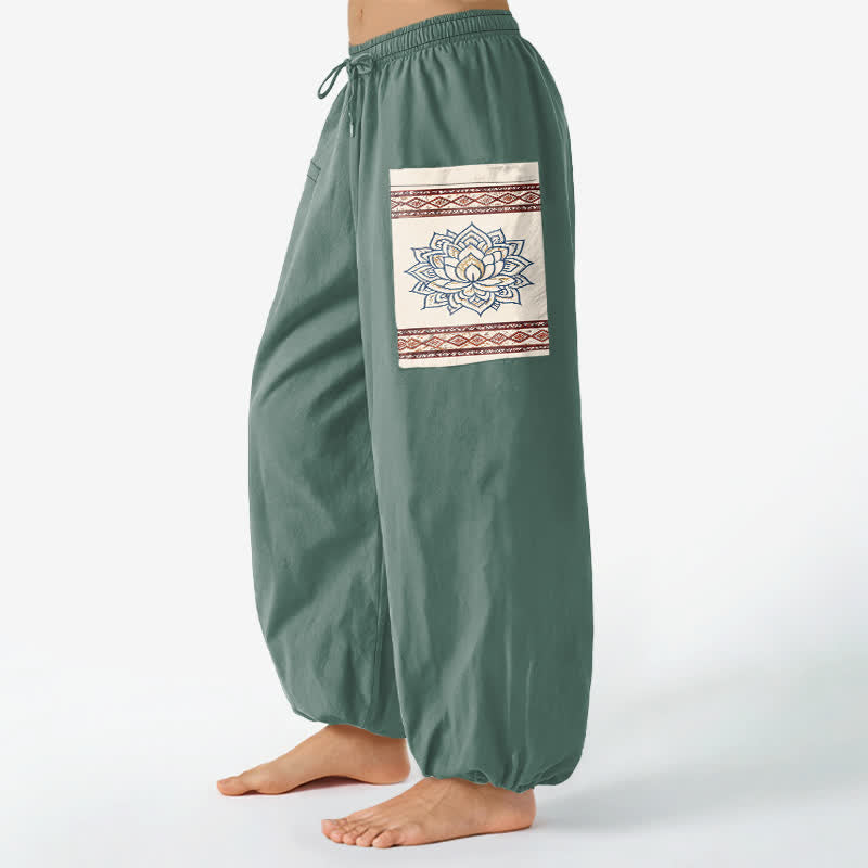 Buddha Stones Cotton Bohemian Lotus Mandala Pattern Women's Elastic Waist Harem Pants With Side Pockets - image 8