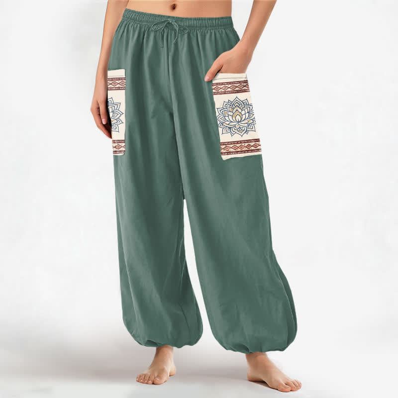Buddha Stones Cotton Bohemian Lotus Mandala Pattern Women's Elastic Waist Harem Pants With Side Pockets - MediumAquamarine - US16，UK/AU20，EU48 (3XL) - image 7