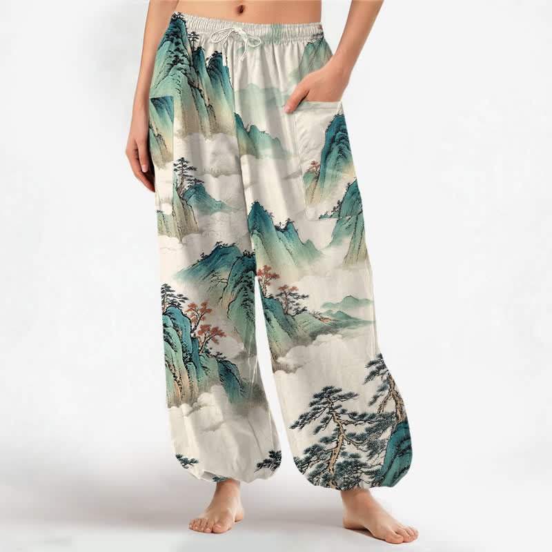 Buddha Stones Cotton Pine Mountain Scenery Pattern Women's Elastic Waist Harem Pants With Side Pockets - Linen - US16，UK/AU20，EU48 (3XL) - image 0