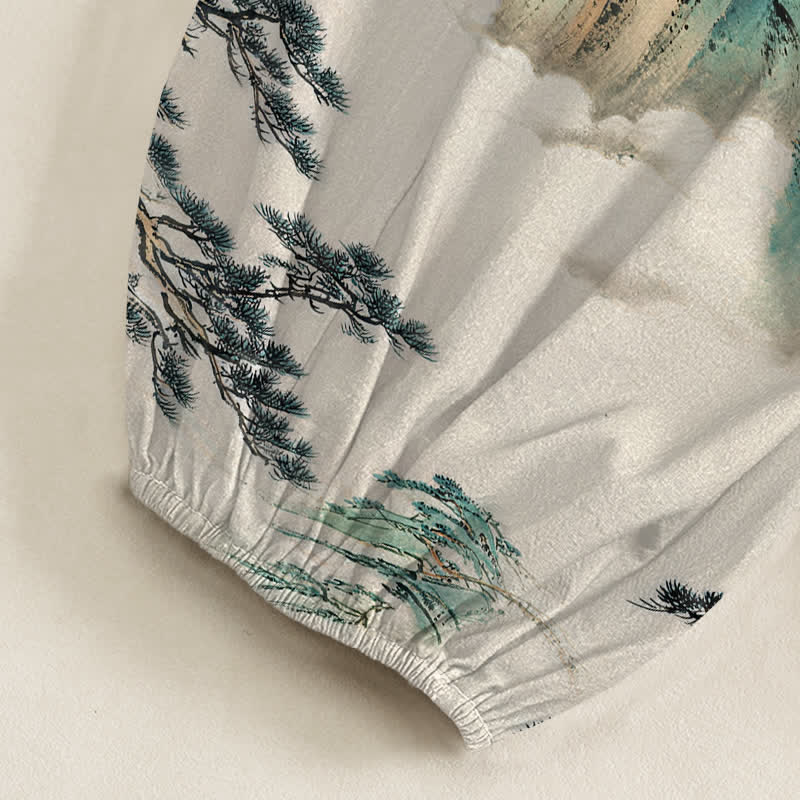 Buddha Stones Cotton Pine Mountain Scenery Pattern Women's Elastic Waist Harem Pants With Side Pockets - image 6