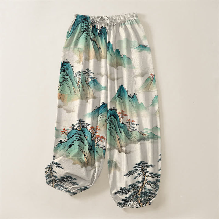 Buddha Stones Cotton Pine Mountain Scenery Pattern Women's Elastic Waist Harem Pants With Side Pockets - image 3
