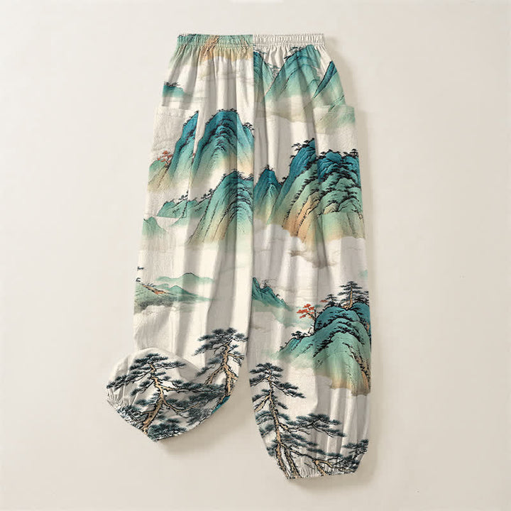 Buddha Stones Cotton Pine Mountain Scenery Pattern Women's Elastic Waist Harem Pants With Side Pockets - image 4