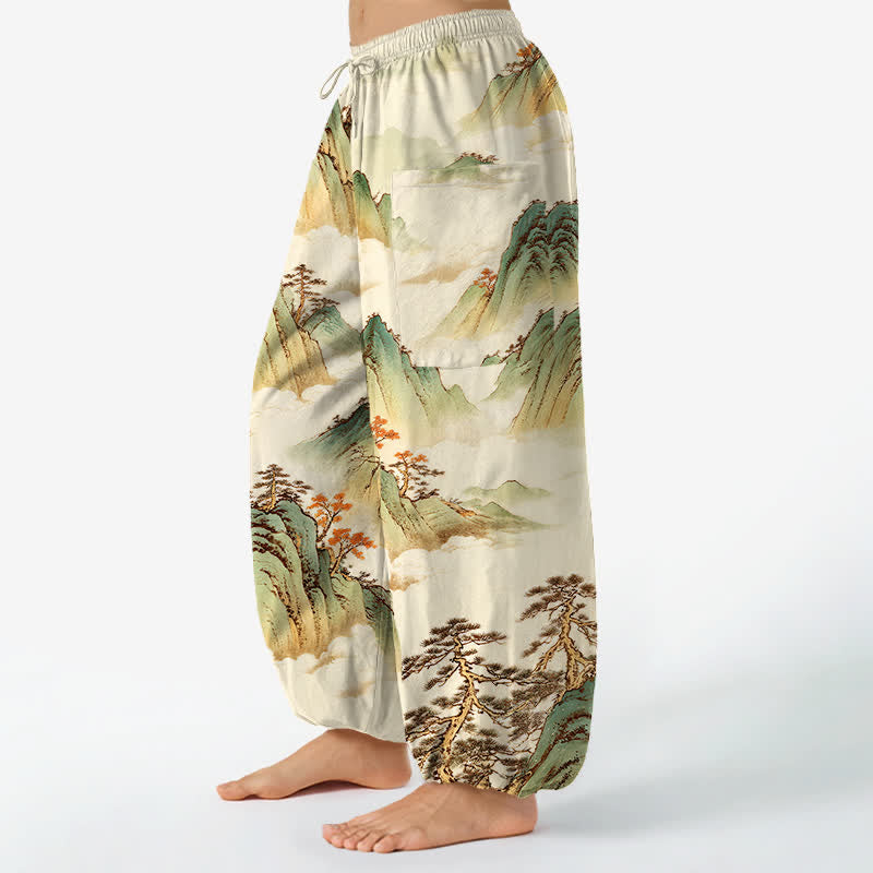 Buddha Stones Cotton Pine Mountain Scenery Pattern Women's Elastic Waist Harem Pants With Side Pockets - image 8