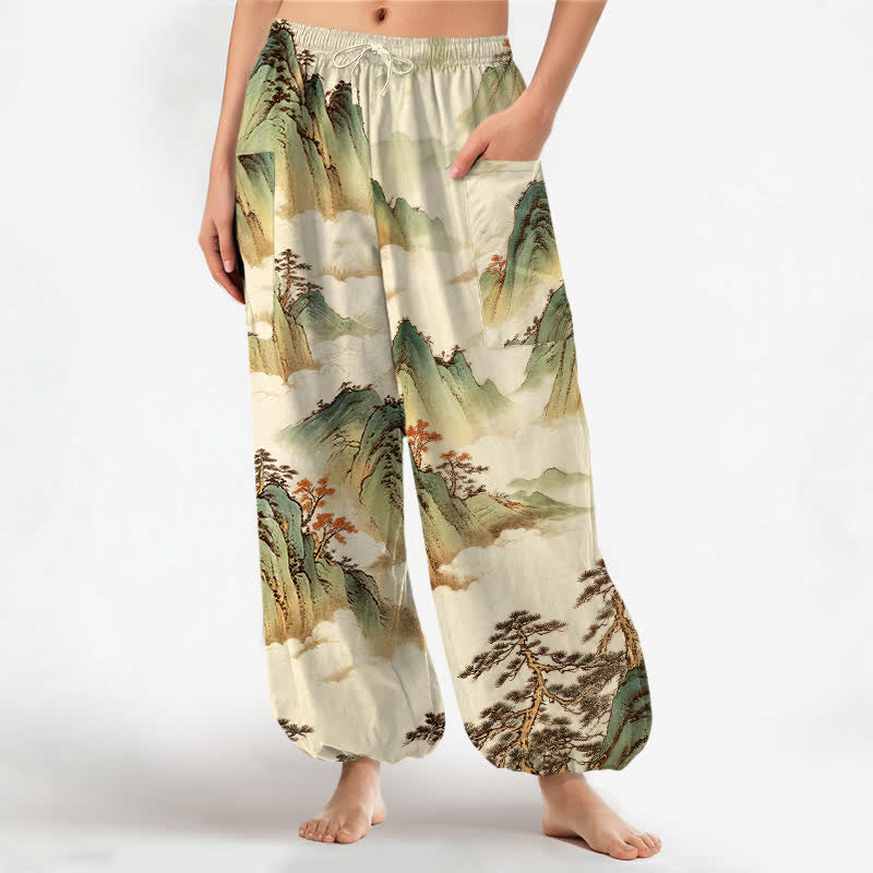Buddha Stones Cotton Pine Mountain Scenery Pattern Women's Elastic Waist Harem Pants With Side Pockets - Beige - US16，UK/AU20，EU48 (3XL) - image 7