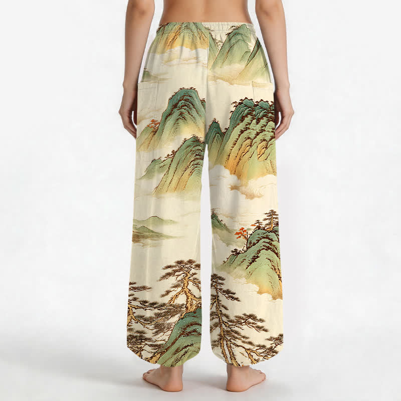 Buddha Stones Cotton Pine Mountain Scenery Pattern Women's Elastic Waist Harem Pants With Side Pockets - image 9