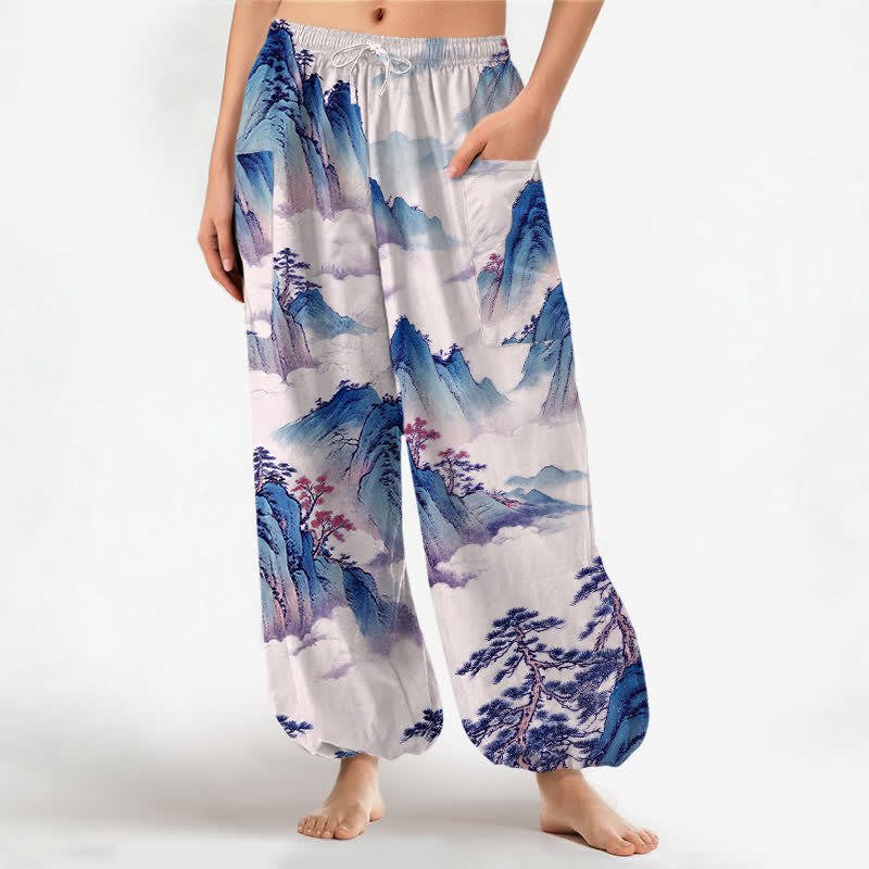Buddha Stones Cotton Pine Mountain Scenery Pattern Women's Elastic Waist Harem Pants With Side Pockets - Lavender - US16，UK/AU20，EU48 (3XL) - image 10