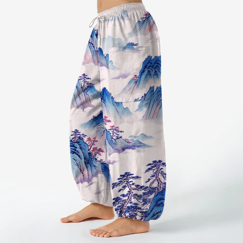 Buddha Stones Cotton Pine Mountain Scenery Pattern Women's Elastic Waist Harem Pants With Side Pockets - image 11