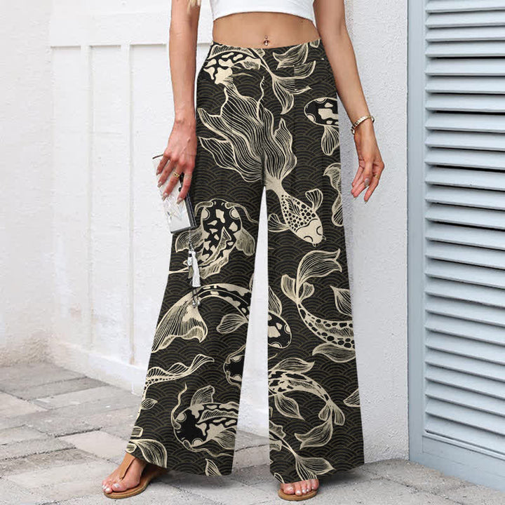 Buddha Stones Cotton Linen Artistic Koi Pond Pattern Women's Elastic Waist Wide Leg Pants With Pockets - image 5