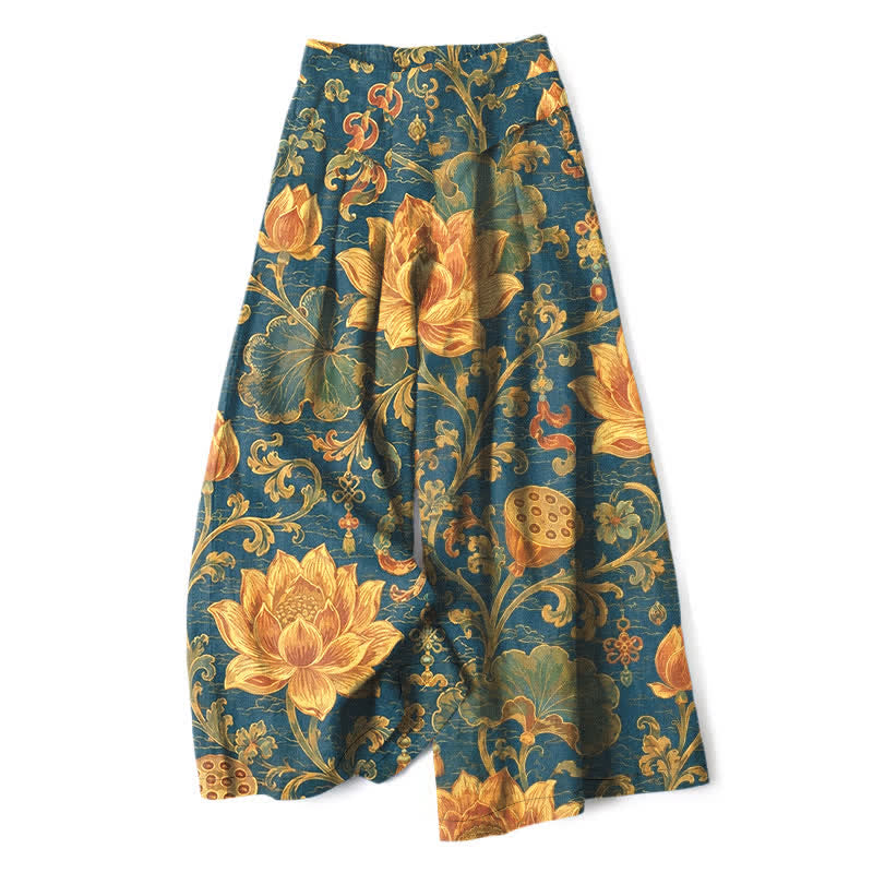 Buddha Stones Cotton Linen Vintage Lotus Floral Pattern Women's Elastic Waist Wide Leg Pants With Pockets - Teal - US16，UK/AU20，EU48 (3XL) - image 0