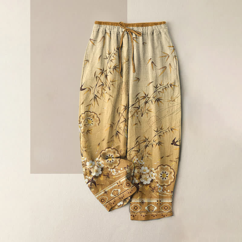 Buddha Stones Pure Cotton Oriental Bamboo Blossom Pattern Women's Elastic Waist Pants With Pockets - Goldenrod - US16，UK/AU20，EU48 (3XL) - image 4