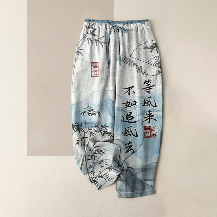 Buddha Stones Pure Cotton Oriental Bamboo Pattern Women's Elastic Waist Pants With Pockets - LightSkyBlue - US16，UK/AU20，EU48 (3XL) - image 0