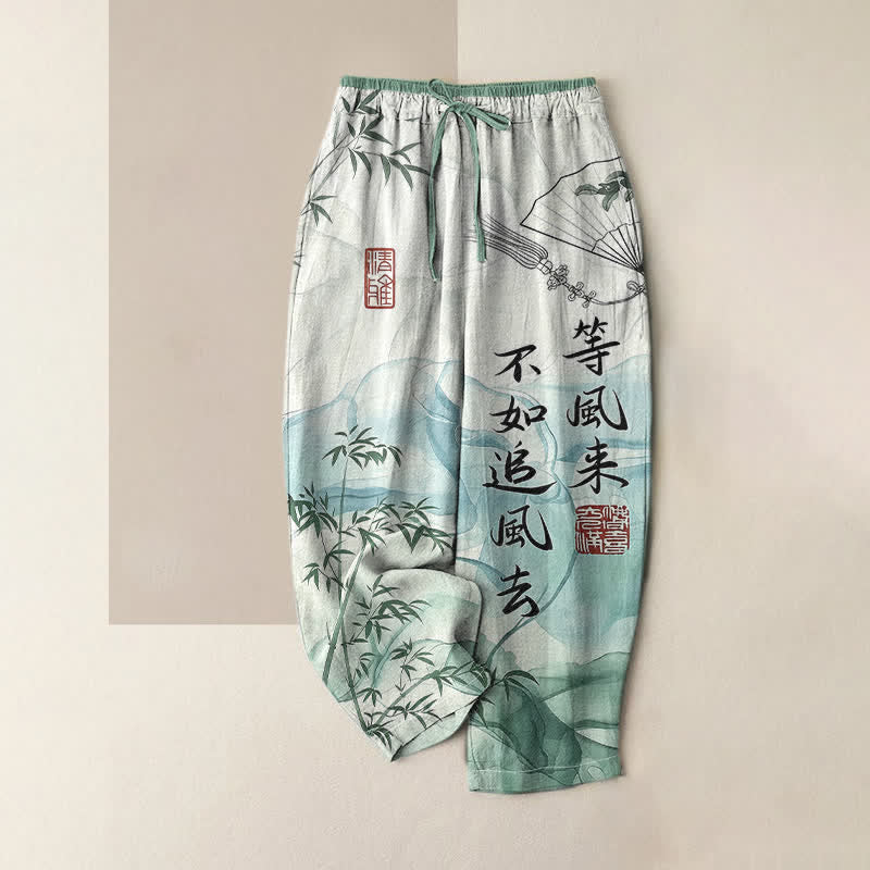Buddha Stones Pure Cotton Oriental Bamboo Pattern Women's Elastic Waist Pants With Pockets - MediumSeaGreen - US16，UK/AU20，EU48 (3XL) - image 4