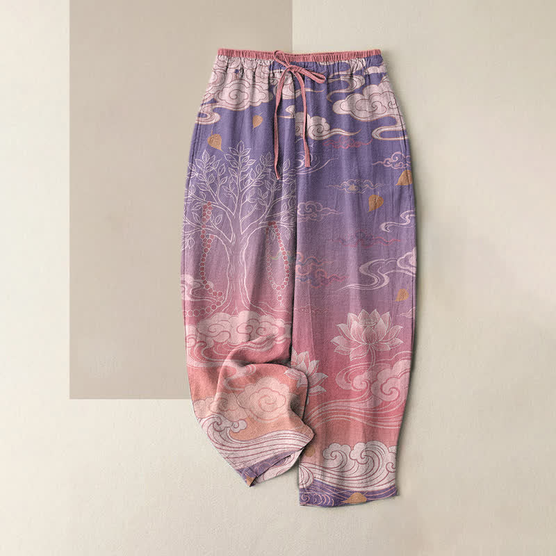 Buddha Stones Pure Cotton Lotus Cloud Gradient Pattern Women's Elastic Waist Pants With Pockets - Pink - US16，UK/AU20，EU48 (3XL) - image 3
