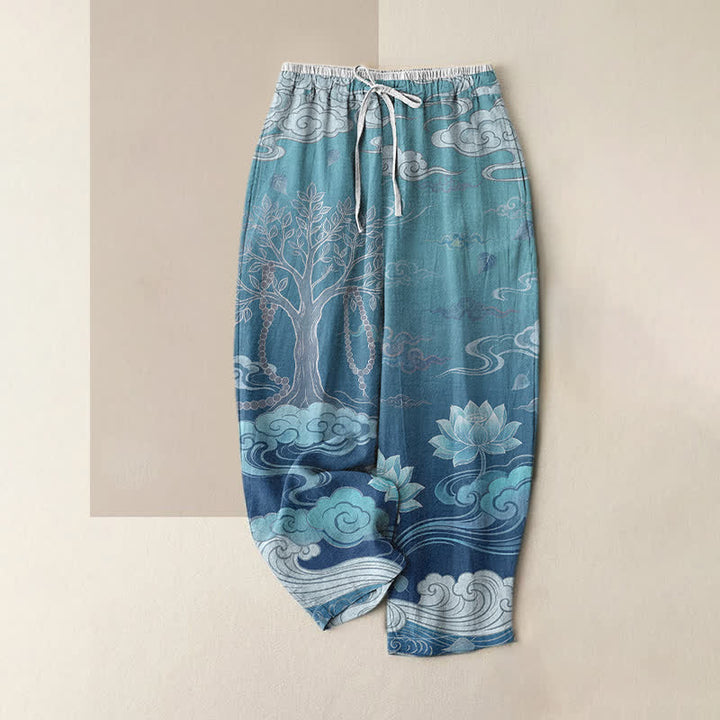 Buddha Stones Pure Cotton Lotus Cloud Gradient Pattern Women's Elastic Waist Pants With Pockets - DeepSkyBlue - US16，UK/AU20，EU48 (3XL) - image 4