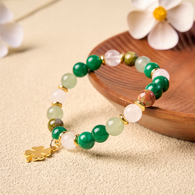 Buddha Stones Green Aventurine Four-leaf Clover Luck Round Beaded Bracelet - image 4