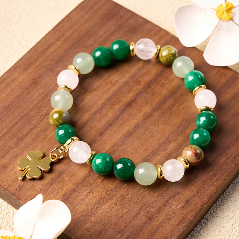 Buddha Stones Green Aventurine Four-leaf Clover Luck Round Beaded Bracelet - image 3