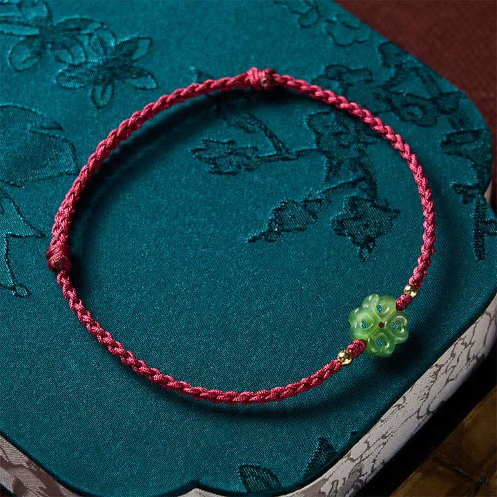 Buddha Stones Natural Hetian Cyan Jade Four-leaf Clover Luck Red Rope Bracelet - image 9