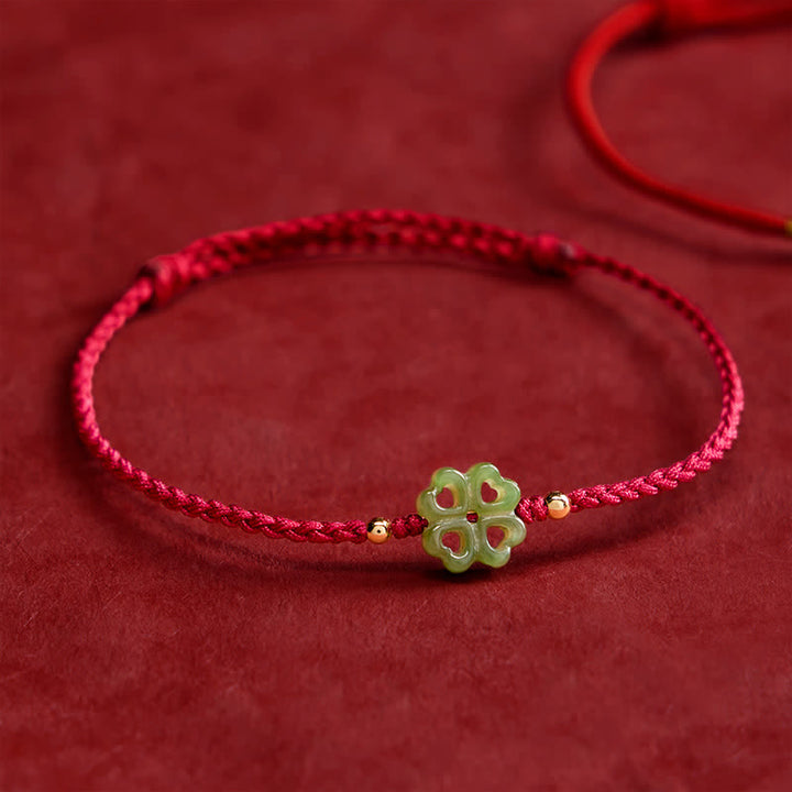 Buddha Stones Natural Hetian Cyan Jade Four-leaf Clover Luck Red Rope Bracelet - Cyan Jade(Wrist Circumference: 5.9–7.1 in / 15–18 cm) - image 0
