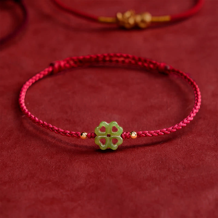 Buddha Stones Natural Hetian Cyan Jade Four-leaf Clover Luck Red Rope Bracelet - image 2