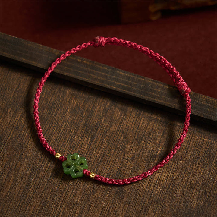 Buddha Stones Natural Hetian Cyan Jade Four-leaf Clover Luck Red Rope Bracelet - image 3