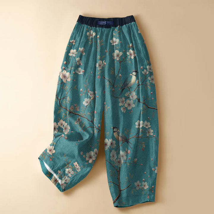 Buddha Stones Pure Cotton Vintage Blossom Bird Pattern Frog Button Women's Elastic Waist Harem Pants With Pockets - MediumTurquoise - US16，UK/AU20，EU48 (3XL) - image 0